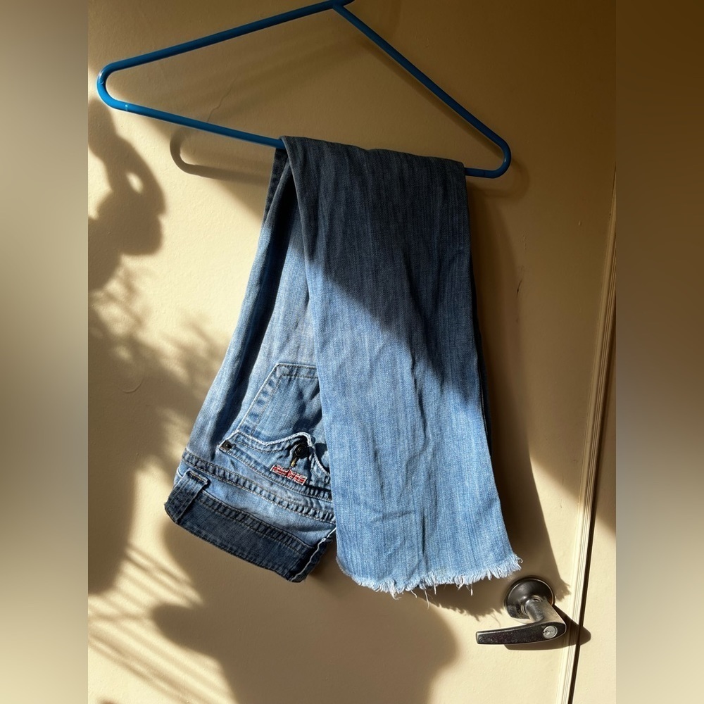 Hudson bootcut jeans - denim, cotton, blue, raw hem, button pockets - size 27
